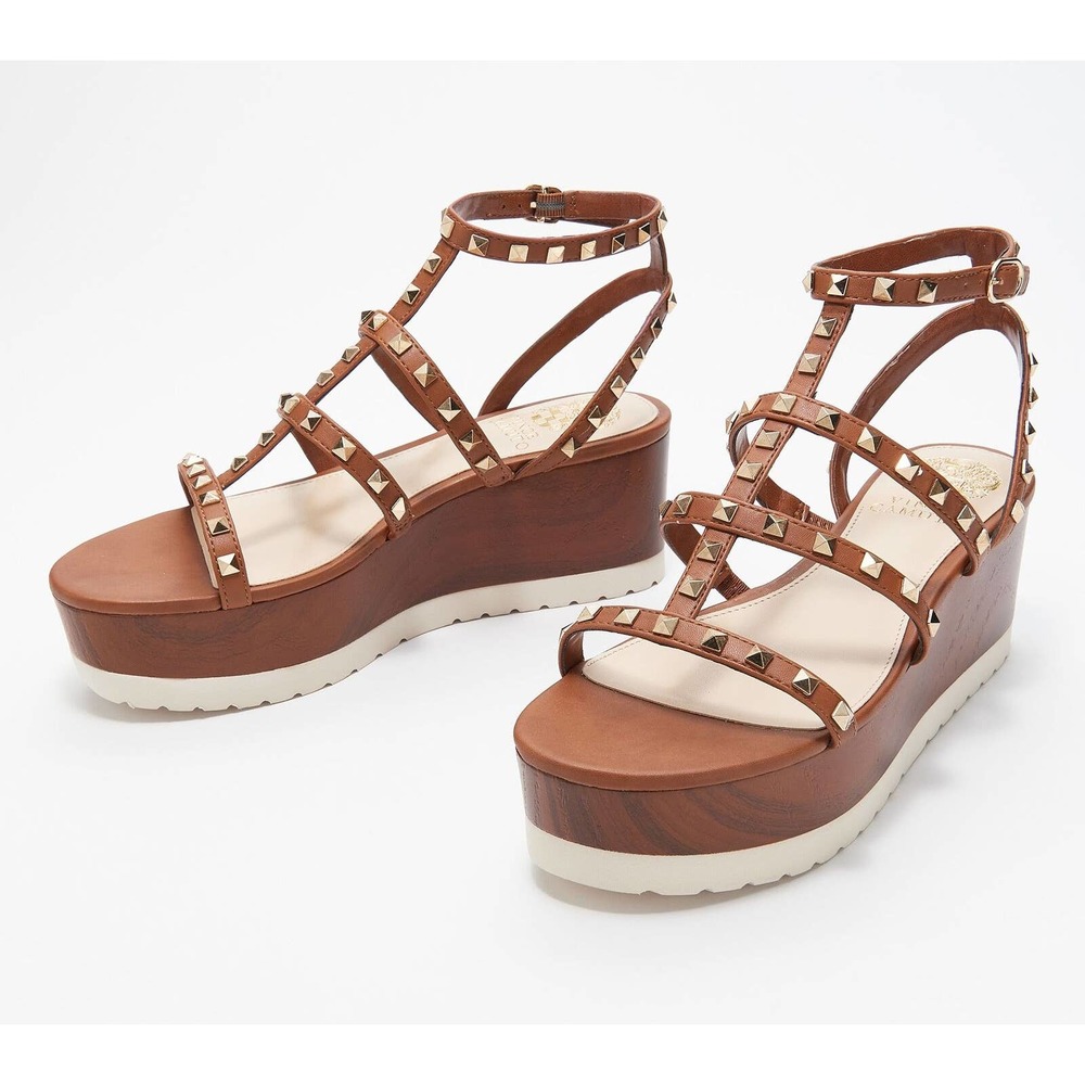New Vince Camuto Womens Pemolie Studded Platform Wedge Sandals Brown Size 9
